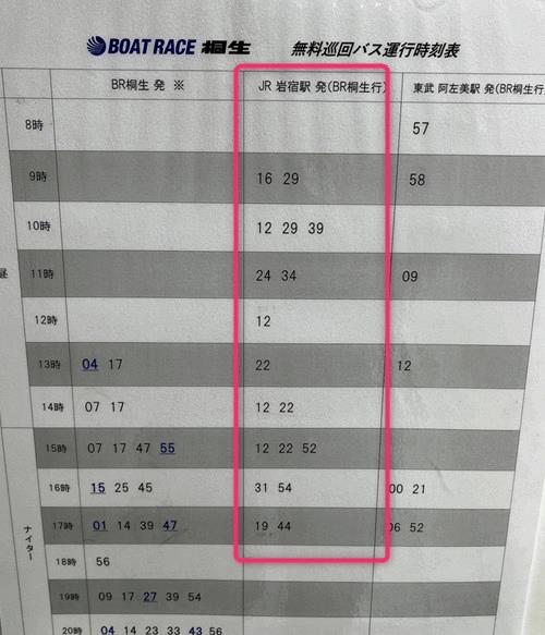 「岩宿」駅の無料送迎バスの時刻表(2025/01/03時点の画像)